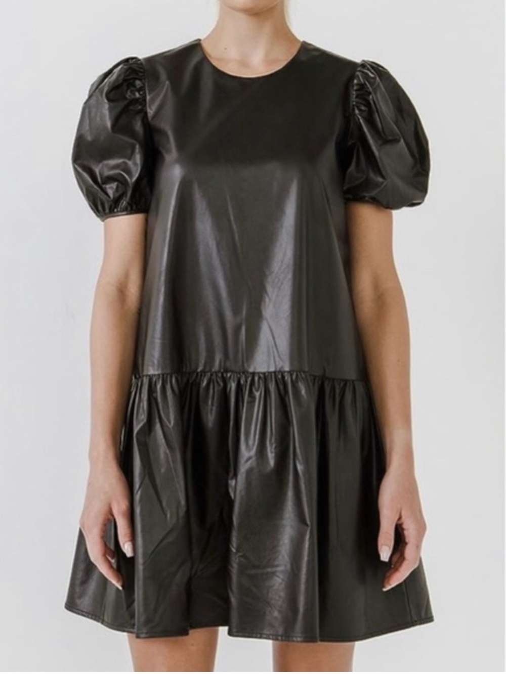 English Factory Puff Sleeve Faux Leather Dress Black Size S